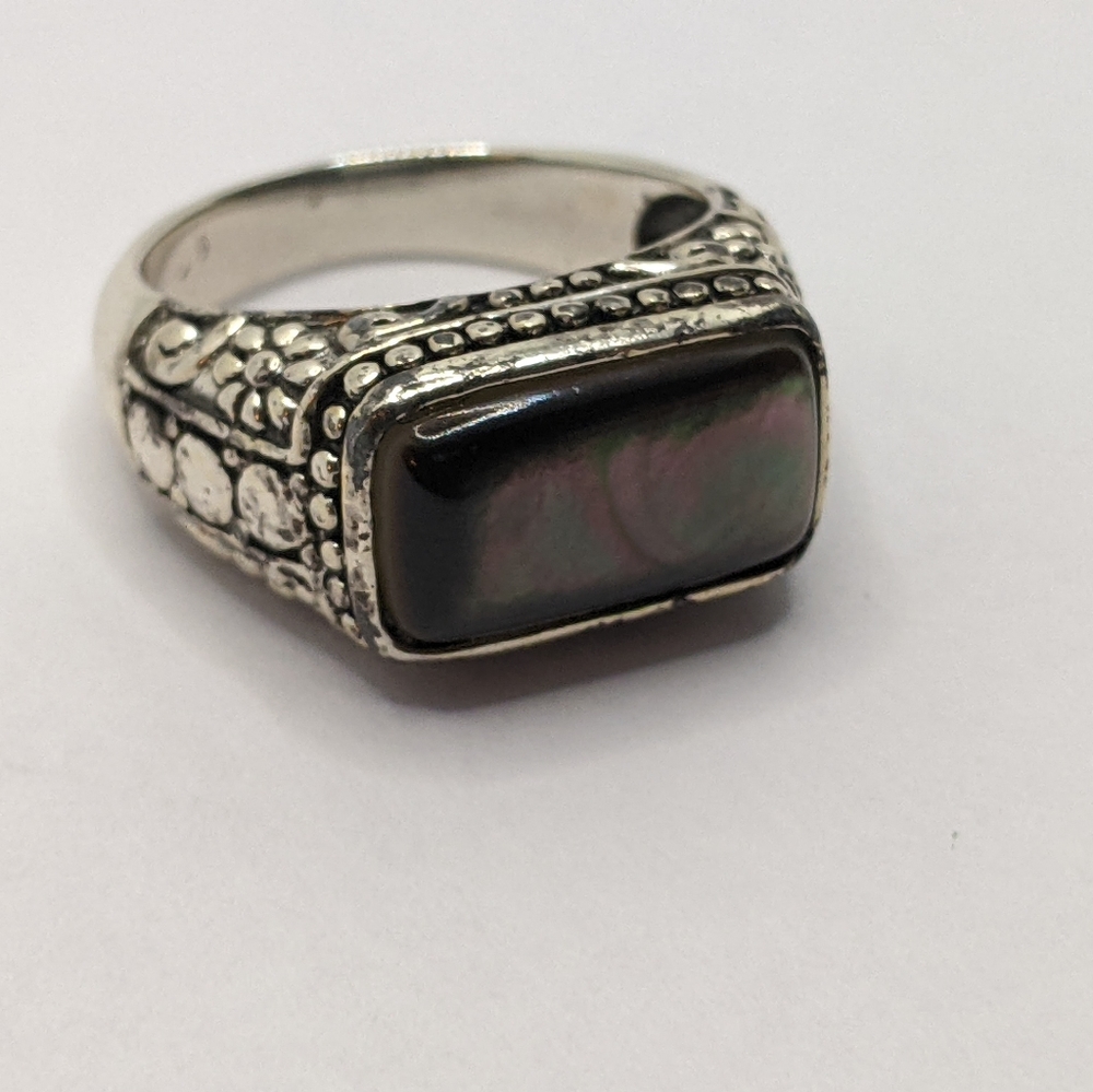 Vintage Gothic sterling silver abalone stone ring.